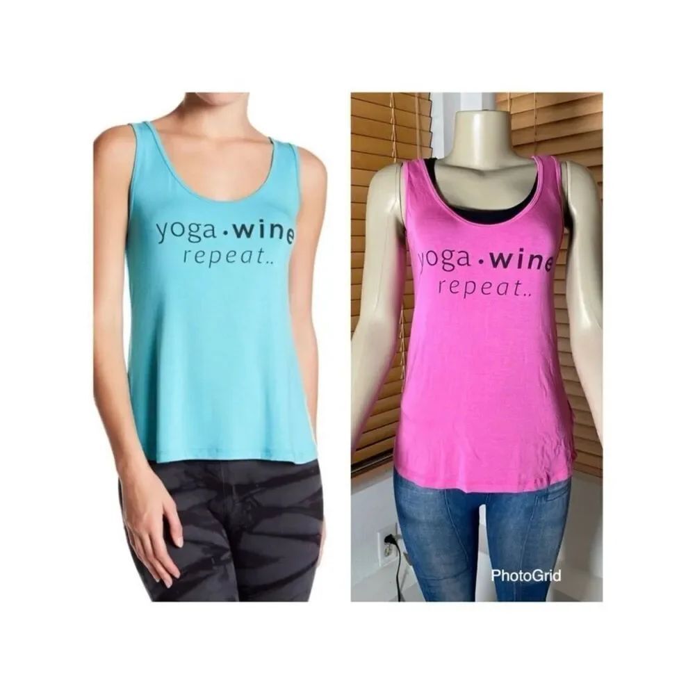 NWT NUX XS 2 Yoga Wine Repeat sleeveless tank tops Pink & Blue w/Black letters